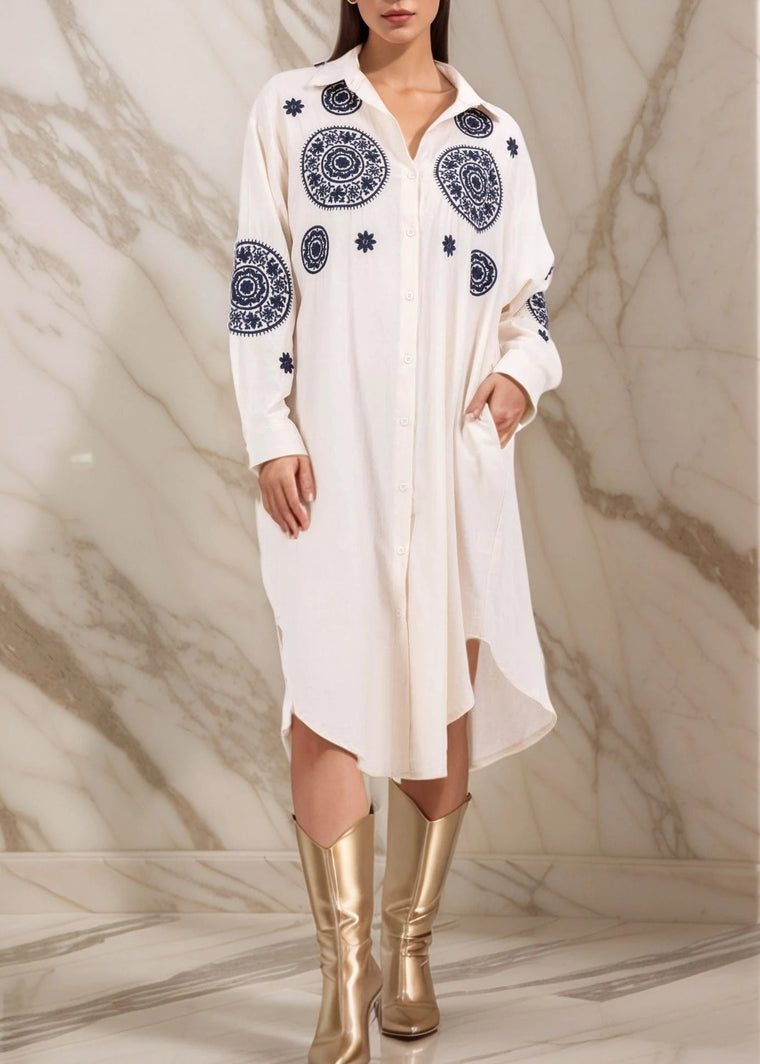 Chemise longue broderie avec poches en lin